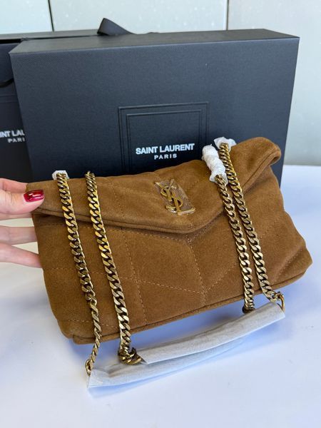 Жіноча замшева сумка Saint Laurent Loulou Puffer Toy Brown Gold 556662 фото