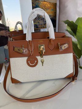 Жіноча сумка Hermes Birkin 30 Gold Canvas шкіряна з текстилем 252 фото